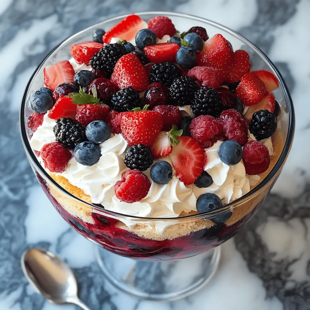 This easy Berry Trifle is a perfect combination of fresh berries, creamy layers, and indulgent cake! This dessert is not only visually stunning but also a delightful treat for any occasion. The juicy strawberries, blueberries, and layers of whipped cream will impress your guests. Save this recipe for your next celebration or family gathering!