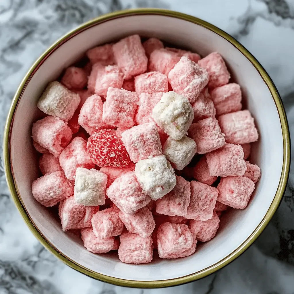 Looking for a fun and tasty treat? This Fluffy Strawberry Shortcake Puppy Chow is perfect for snack time or gatherings! Made with crispy rice cereal, creamy strawberry flavor, and a sprinkle of powdered sugar, it’s a delightful mix of sweetness and crunch. Save this pin for your next party or picnic, and treat your friends and family to a delightful snack!