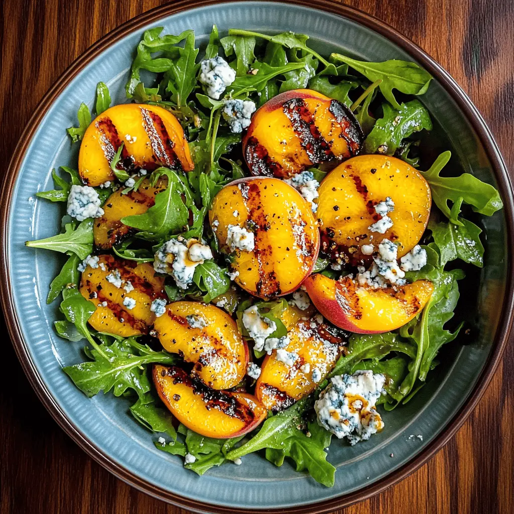 Enjoy the perfect balance of sweet and savory with this Grilled Peach and Arugula Salad topped with creamy blue cheese. The smoky flavor of the grilled peaches combined with the peppery arugula makes for a delightful summer dish. Save this easy recipe for your next picnic or barbecue and impress your guests with a fresh and vibrant salad!