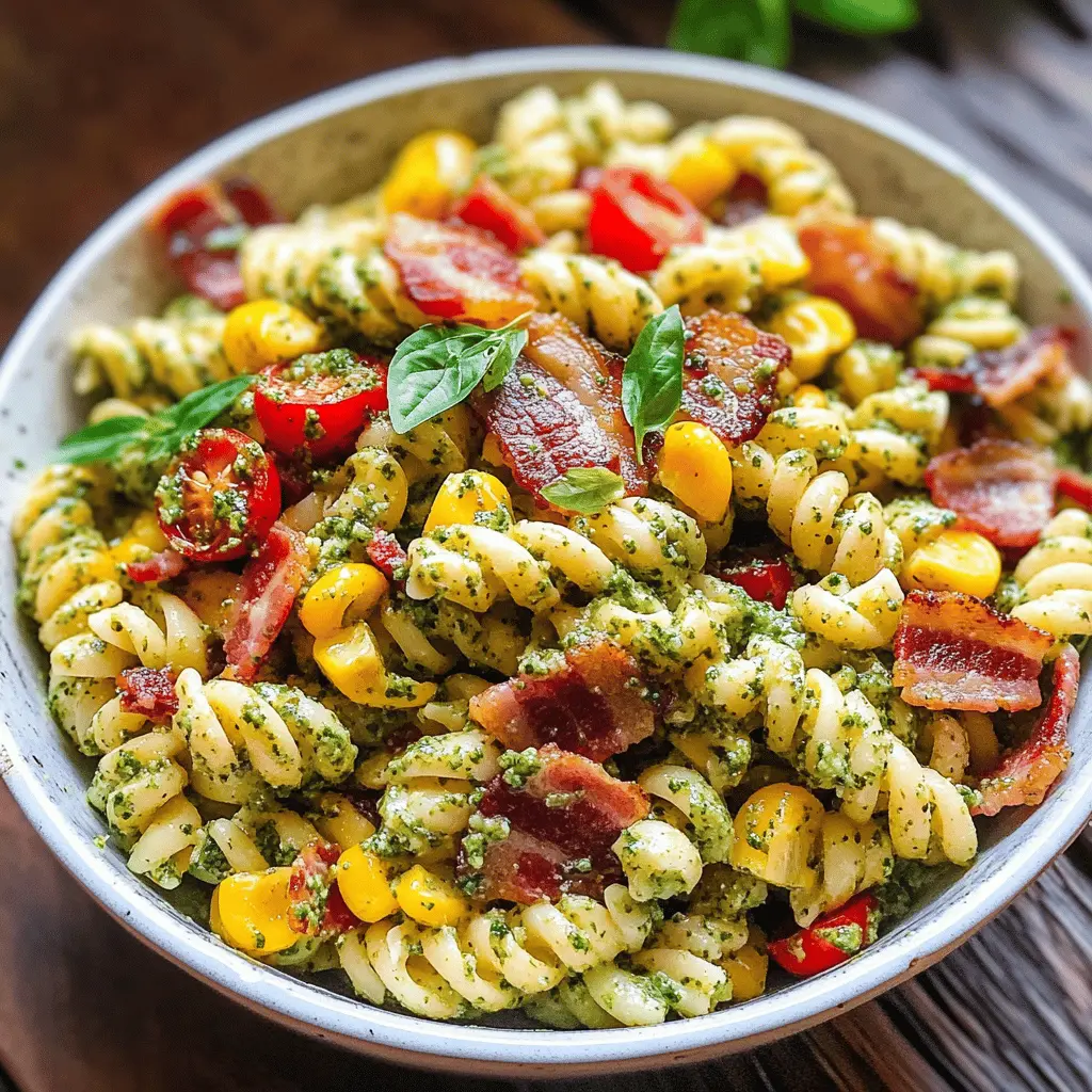 Easy Corn Pasta Salad with Bacon and Creamy Pesto