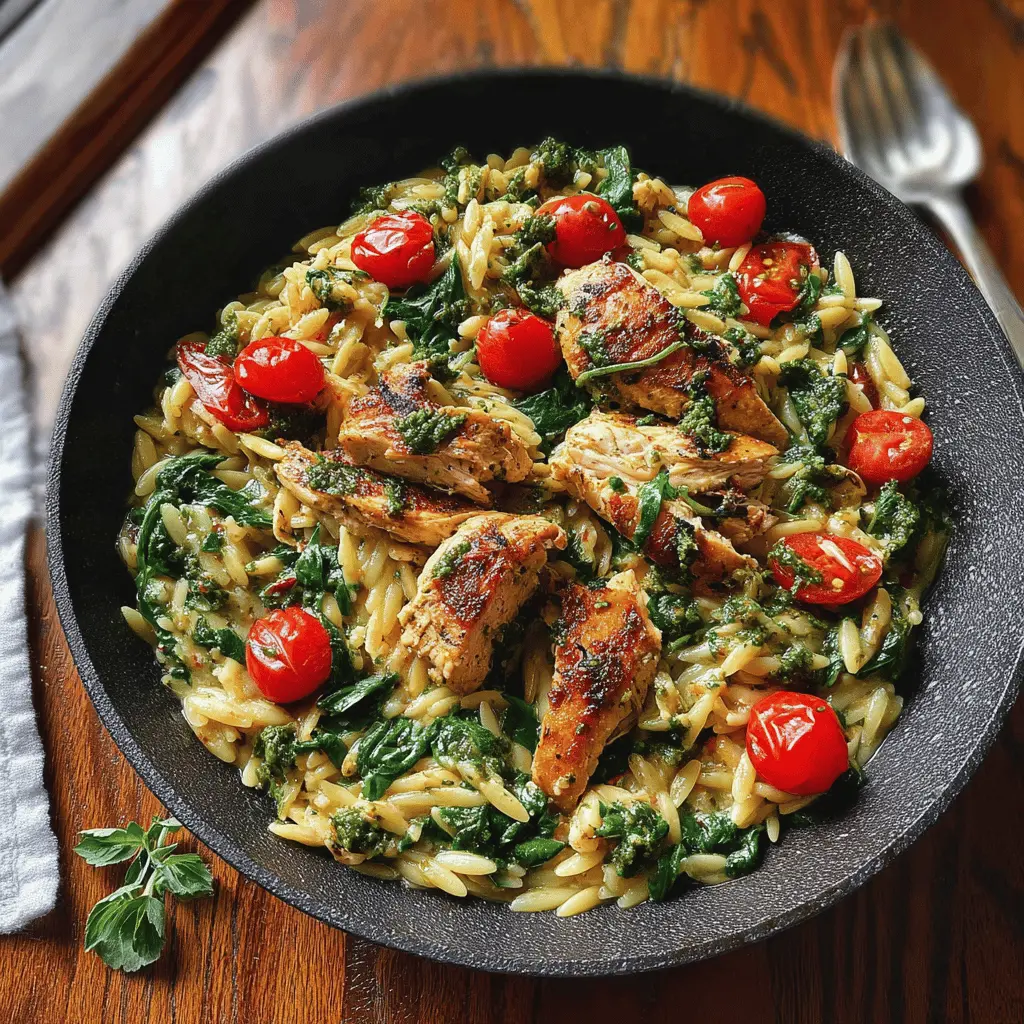 Easy Chicken Orzo with Spinach and Pesto