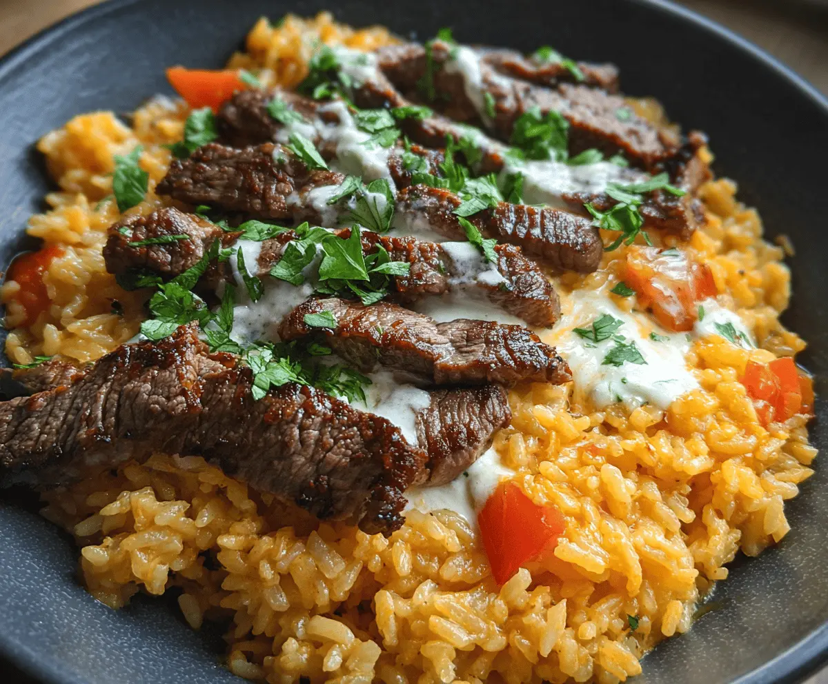Creamy Queso Rice with Tender Steak Strips
