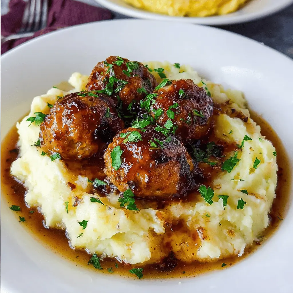 Classic Salisbury Meatballs with Creamy Mashed Potatoes