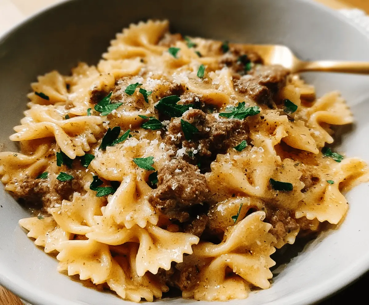 Creamy Garlic Parmesan Bowtie Pasta with Beef