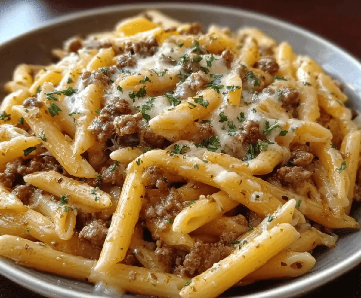 Cheesy Penne with Garlic Butter Ground Beef Recipe