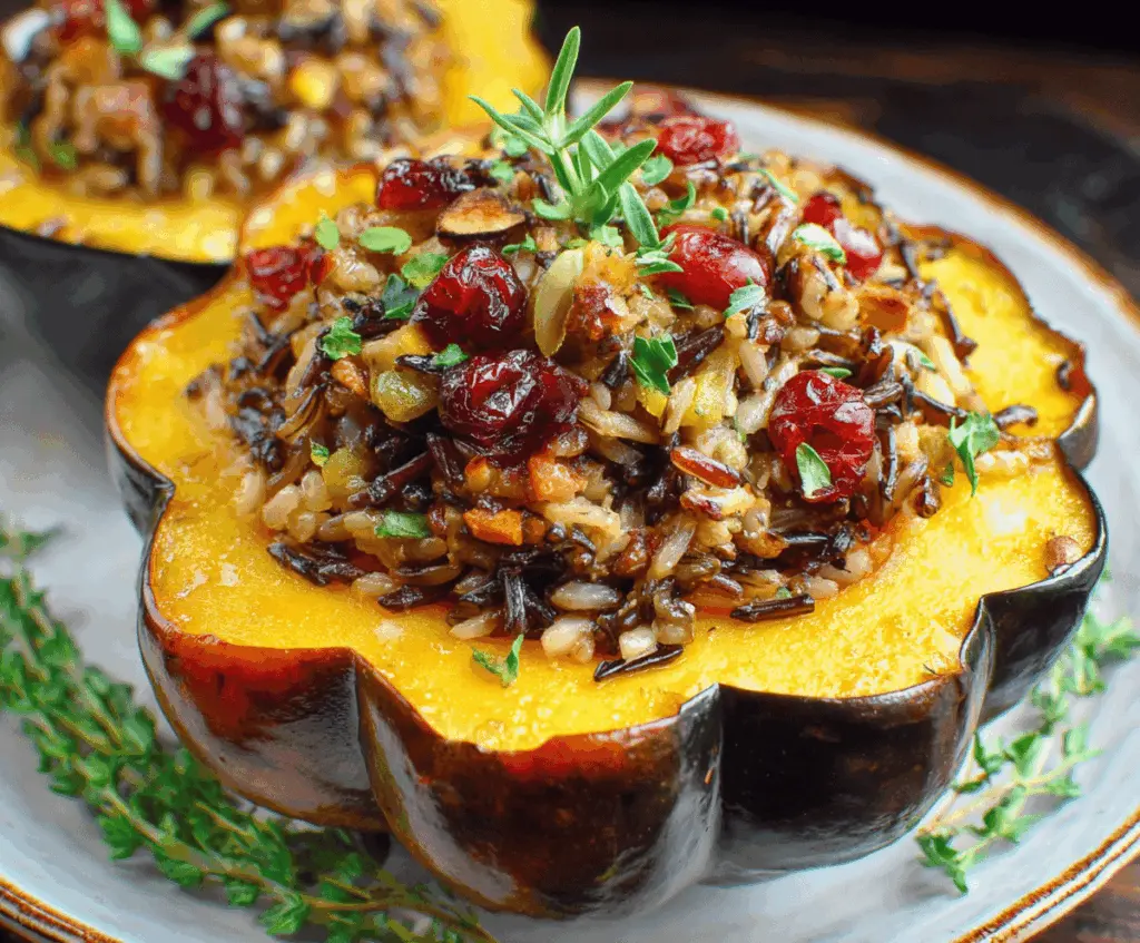 Stuffed acorn squash filled with wild rice, cranberries, and herbs for a delicious and festive fall recipe
