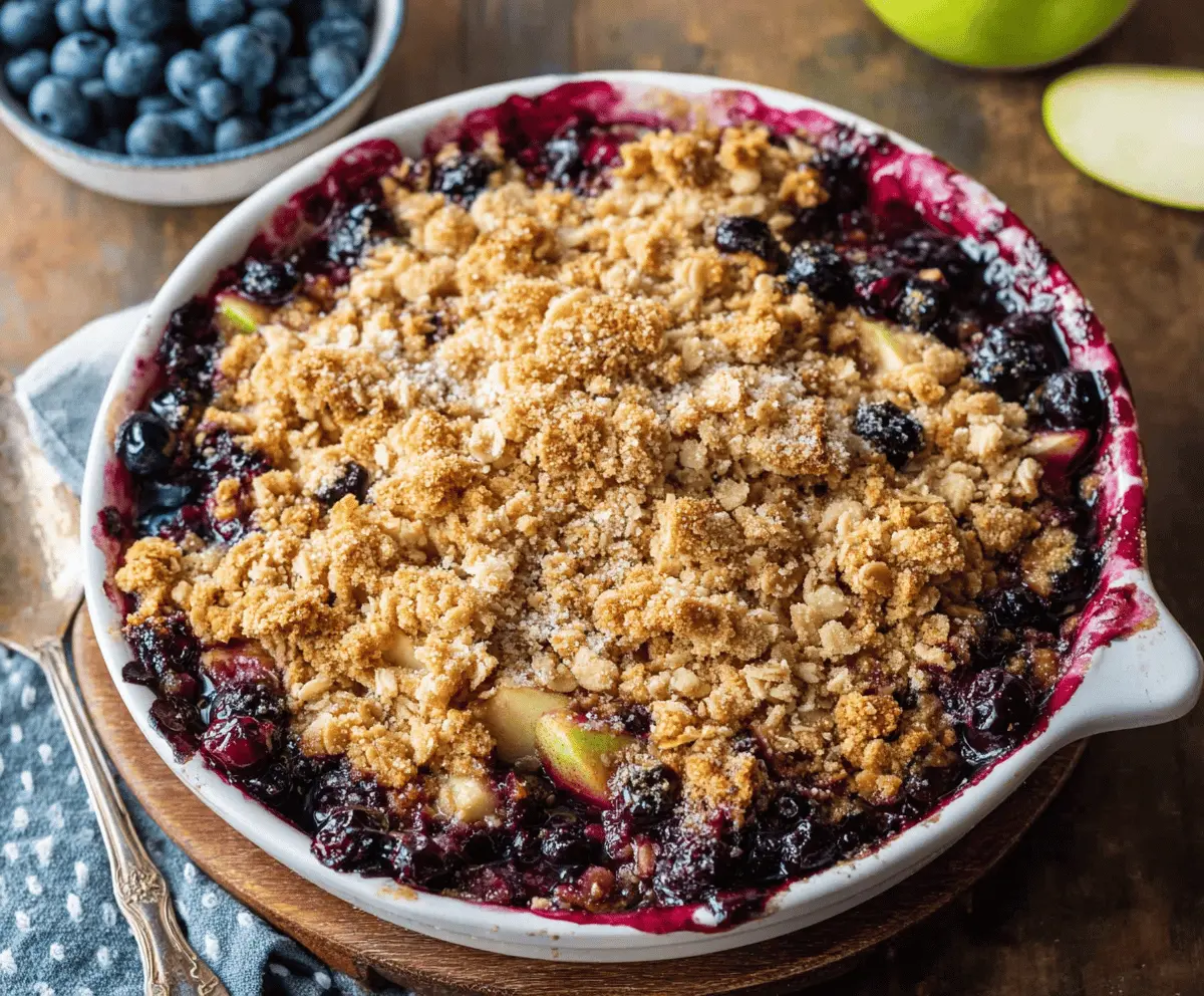 Delicious homemade apple blueberry crisp topped with golden brown oatmeal crumble in a baking dish, perfect for dessert or a sweet snack.