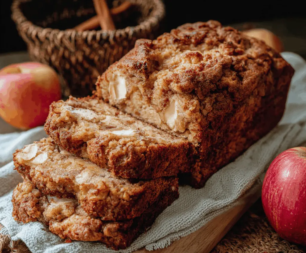 Freshly sliced homemade apple bread with a golden crust and apple chunks, perfect for breakfast or snacking.