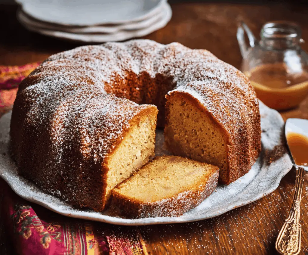 Delicious slice of apple cider pound cake topped with caramel sauce and apple slices, served on a white plate, perfect for fall desserts.