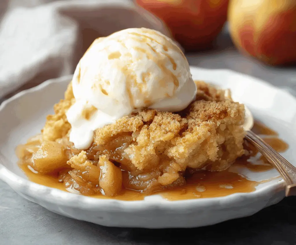 Delicious homemade apple cobbler topped with golden crust, served warm with a scoop of vanilla ice cream