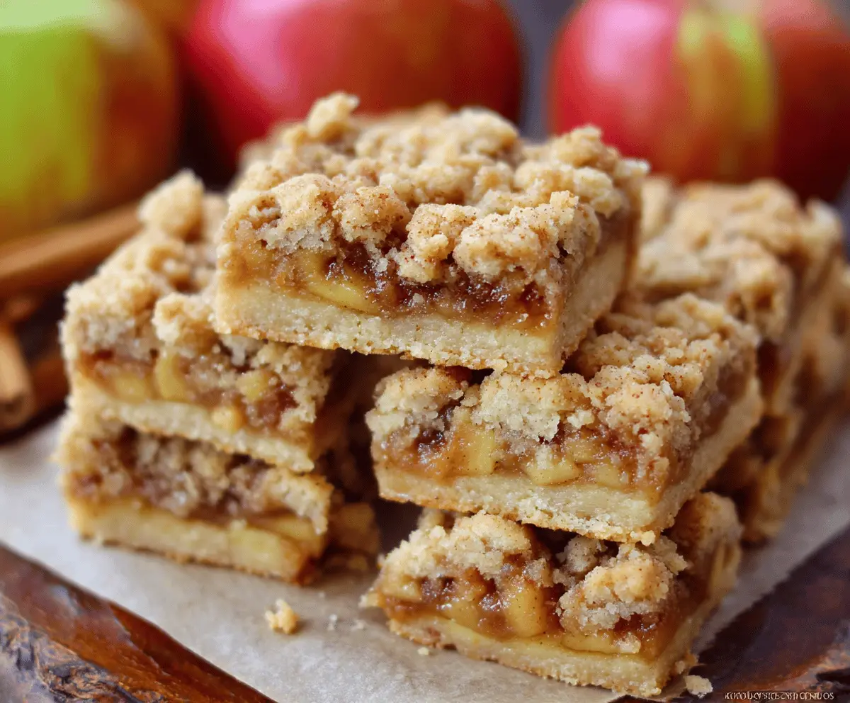 Delicious apple crisp shortbread bars topped with cinnamon-spiced apple filling and golden crumb topping on a rustic wooden table