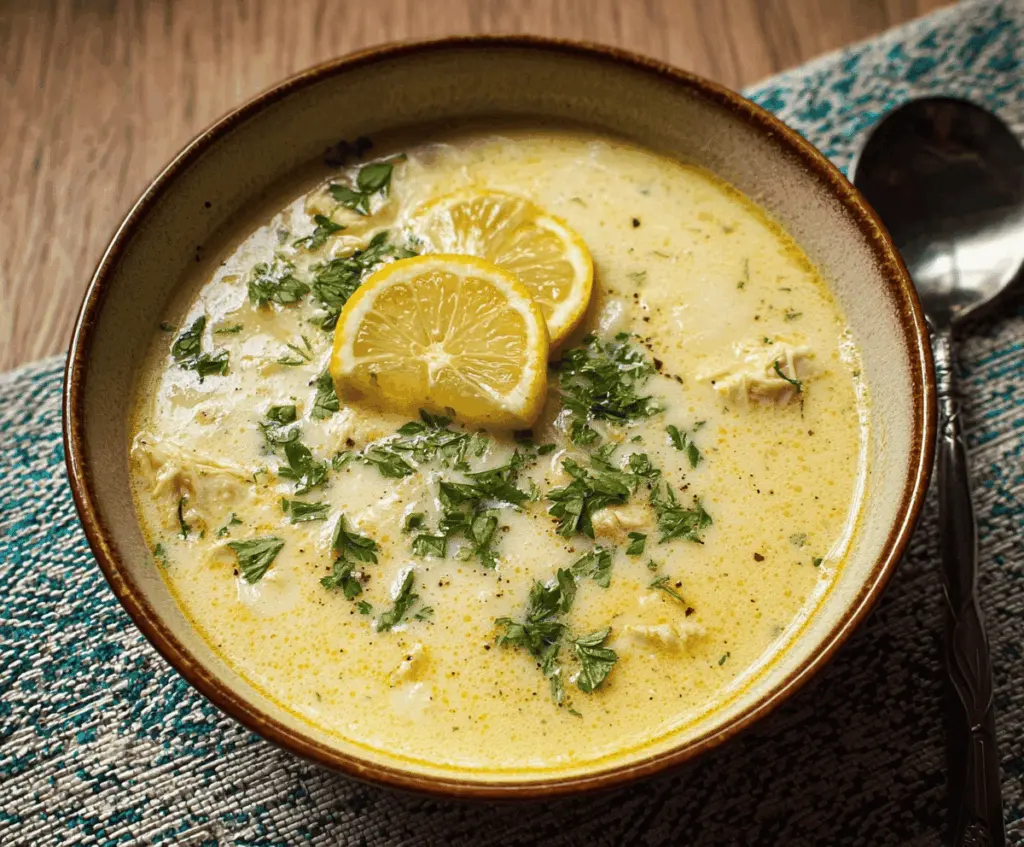 Creamy and comforting Avgolemono Soup with lemon, chicken, and rice served in a bowl, perfect for a Greek-inspired meal.