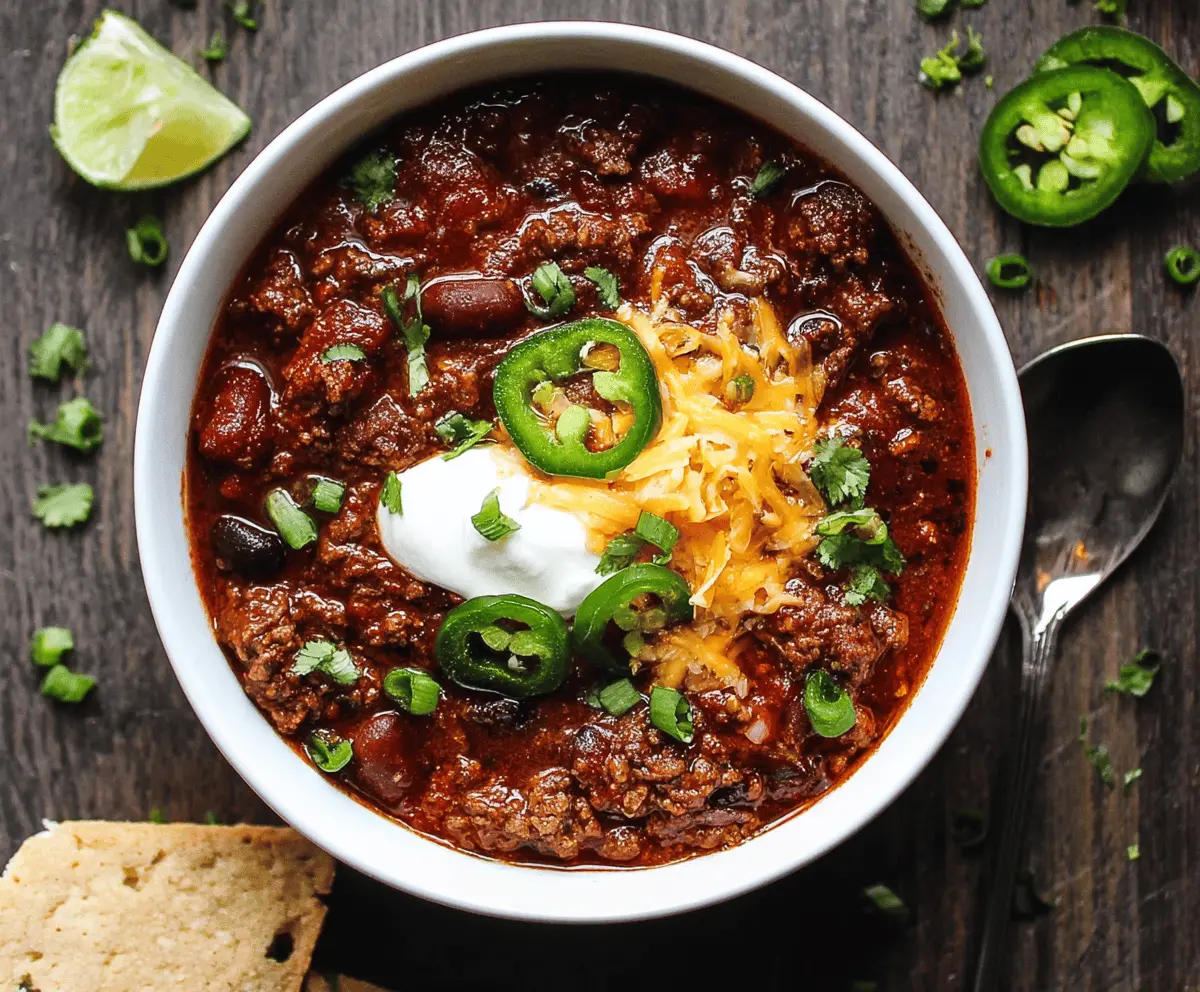 Spicy homemade beef chili topped with shredded cheese and fresh cilantro in a bowl, perfect for a hearty meal