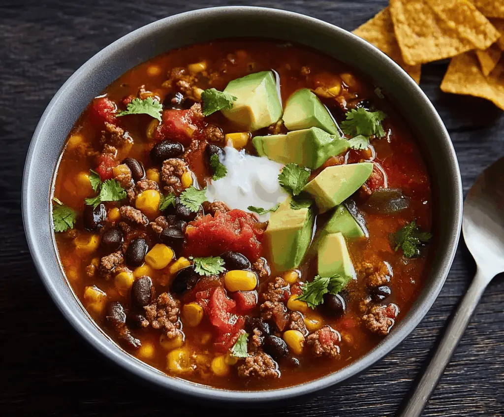 Hearty black bean taco soup garnished with fresh cilantro, shredded cheese, and lime wedges in a bowl on a rustic wooden table