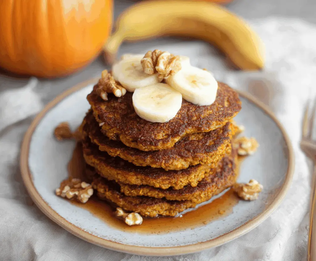 Creamy blender pumpkin oatmeal pancakes served on a plate, topped with fresh fruit and syrup, perfect for a healthy breakfast