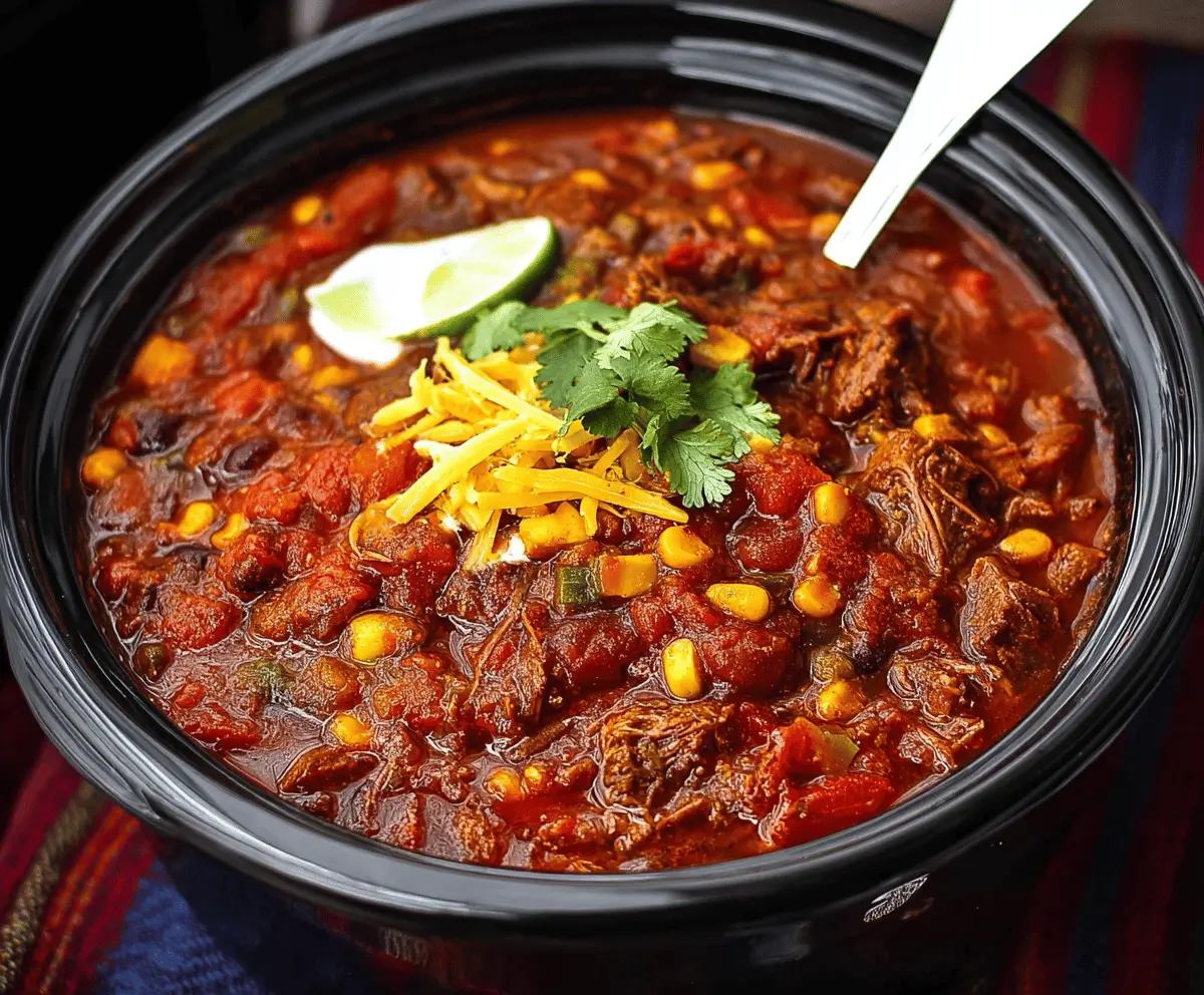 Spicy homemade brisket chili topped with shredded cheese and fresh herbs in a bowl, perfect for a hearty meal