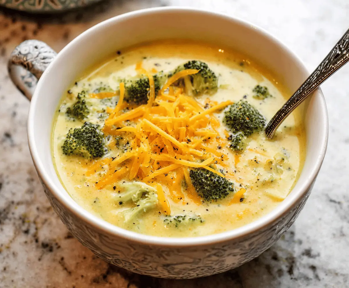 Creamy broccoli cheddar potato soup in a bowl topped with shredded cheese and fresh broccoli florets, perfect for a comforting meal.