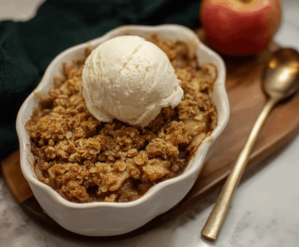 Delicious homemade brown butter apple crisp with golden topping and caramelized apples served in a rustic bowl