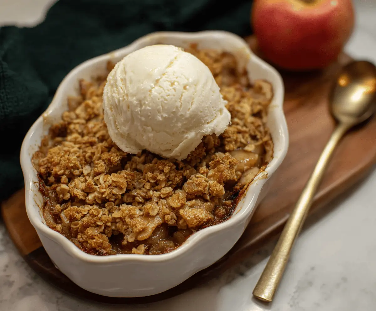 Delicious homemade brown butter apple crisp with golden topping and caramelized apples served in a rustic bowl
