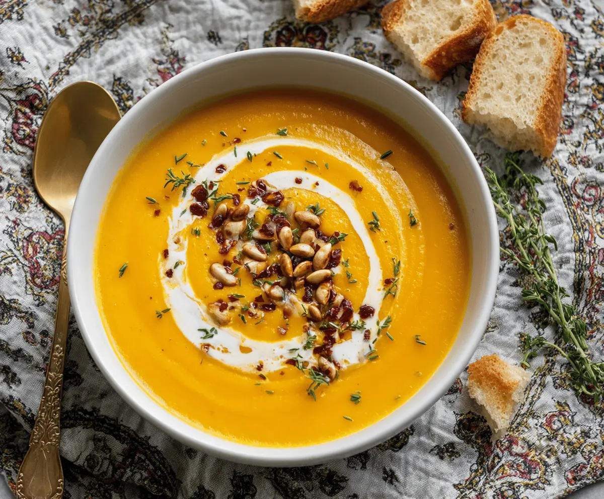 Creamy and comforting butternut squash soup garnished with fresh herbs in a rustic bowl, perfect for a cozy meal.