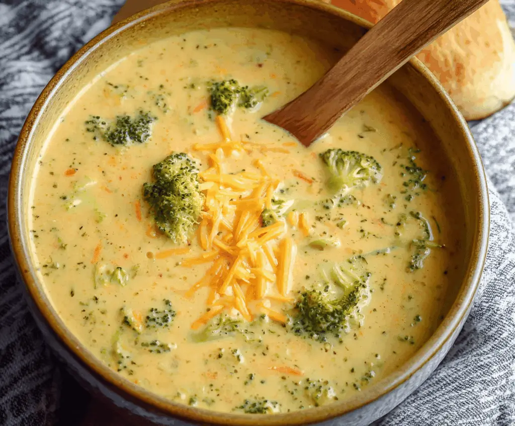 Creamy cheesy broccoli cheddar soup in a bowl topped with melted cheese and fresh broccoli florets, perfect for a comforting meal.
