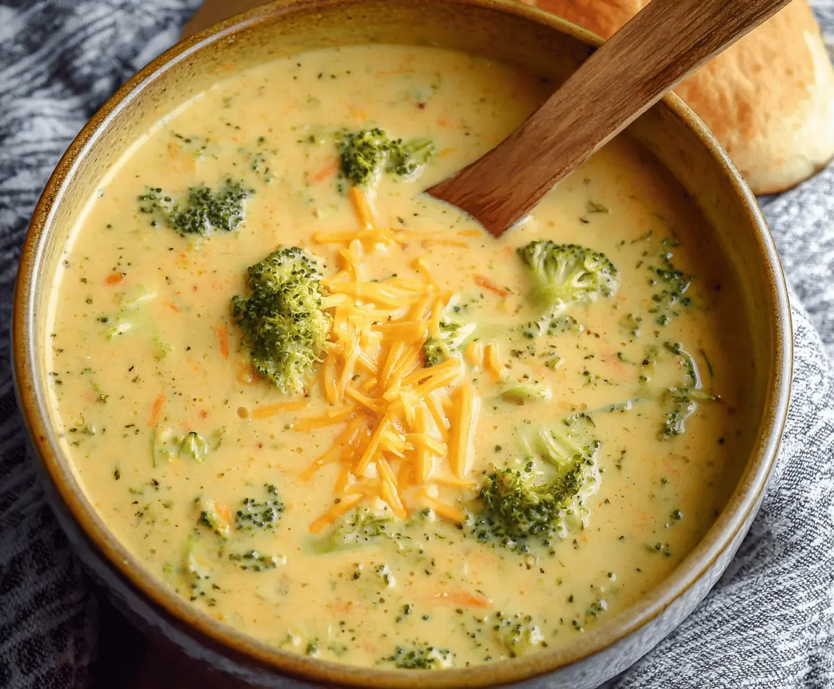 Creamy cheesy broccoli cheddar soup in a bowl topped with melted cheese and fresh broccoli florets, perfect for a comforting meal.