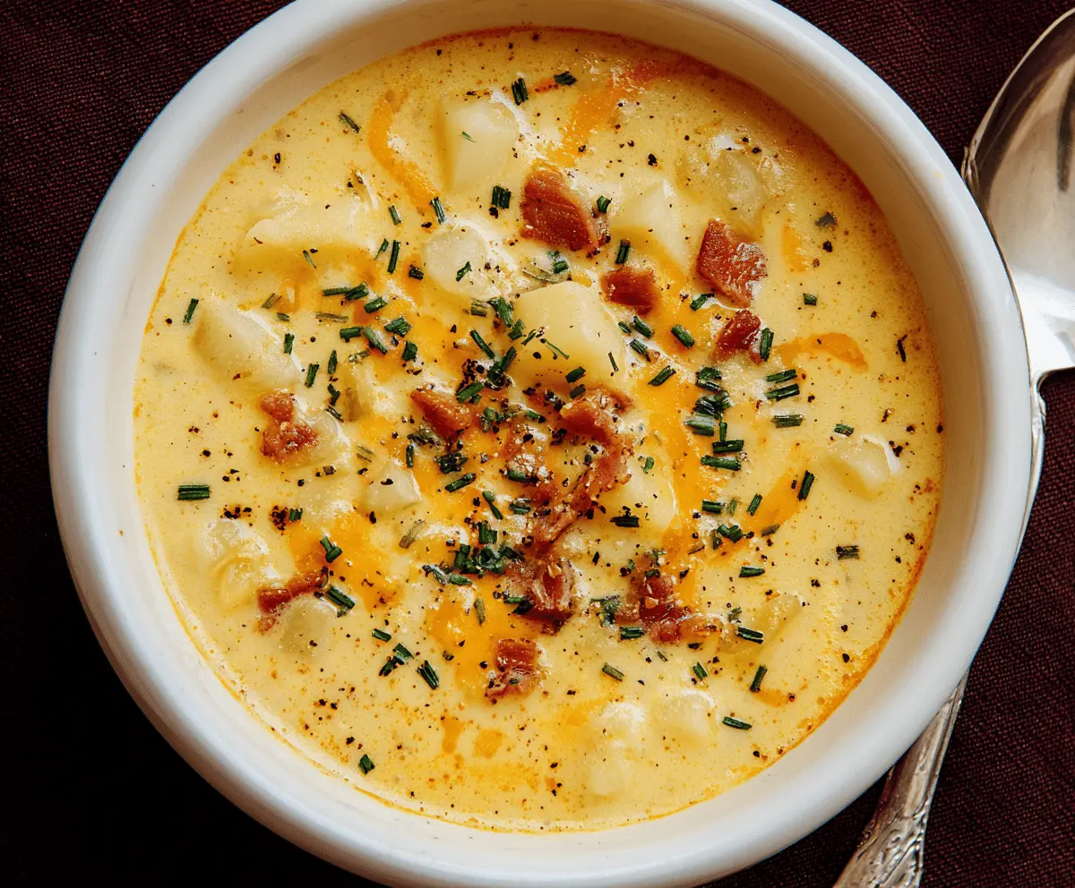 A steaming bowl of creamy cheesy potato soup topped with shredded cheese and fresh herbs, served with crusty bread on the side.
