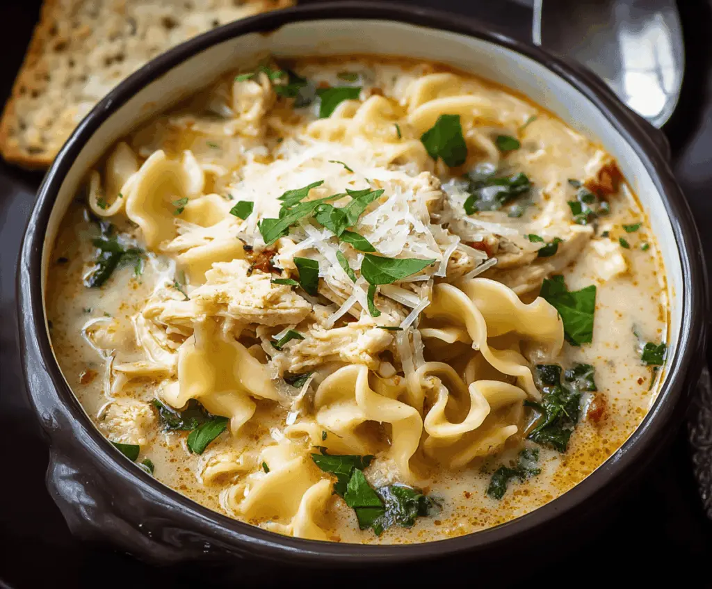 Hearty chicken lasagna soup in a bowl with melted cheese, tomato sauce, and fresh herbs, served with garlic bread on the side.