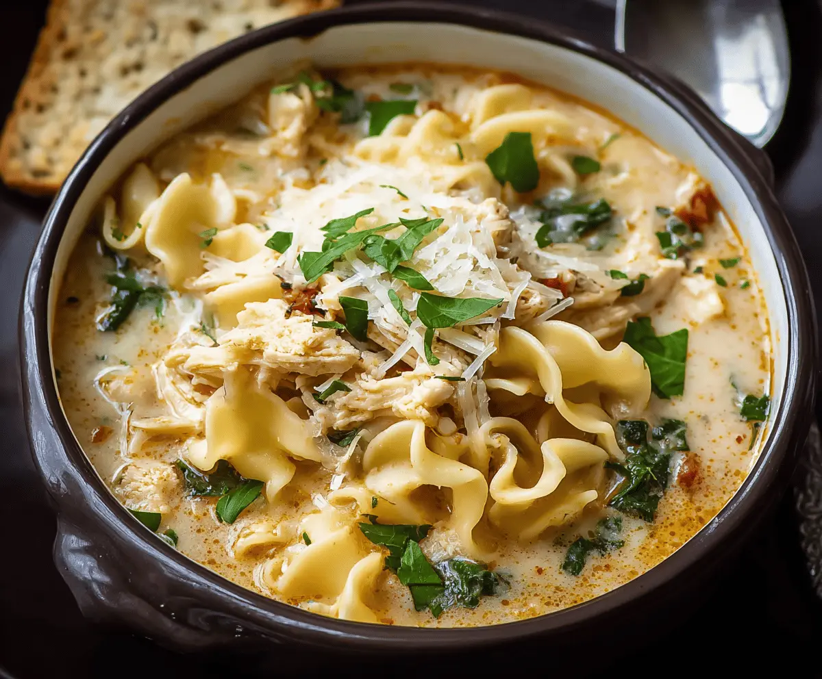 Hearty chicken lasagna soup in a bowl with melted cheese, tomato sauce, and fresh herbs, served with garlic bread on the side.