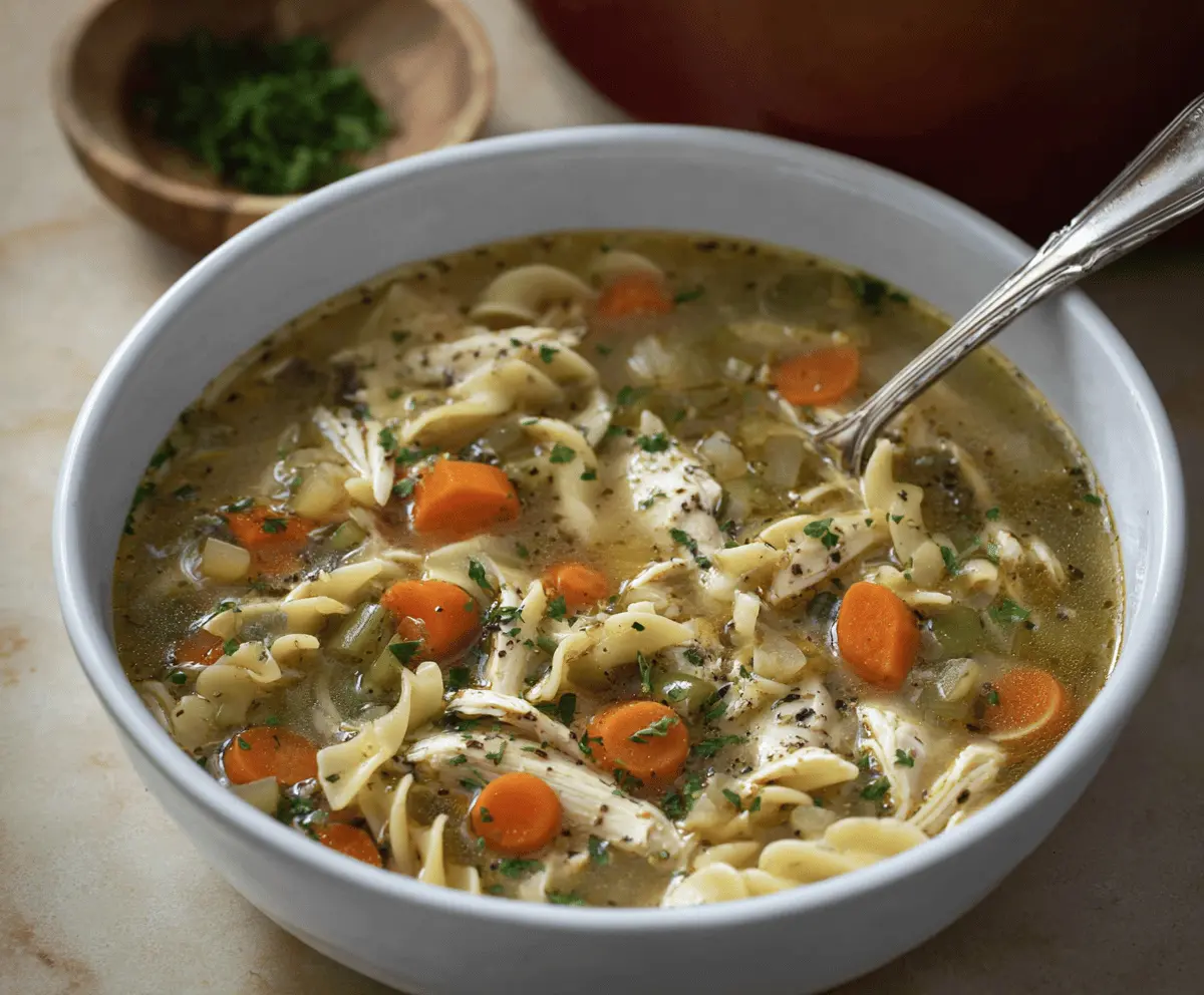 Hearty chicken noodle soup with fresh vegetables in a bowl, perfect for comforting meals.