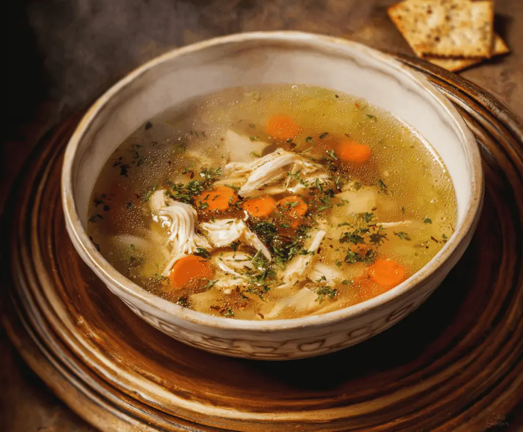 Delicious homemade chicken soup with vegetables and herbs in a bowl, perfect for comfort and warmth