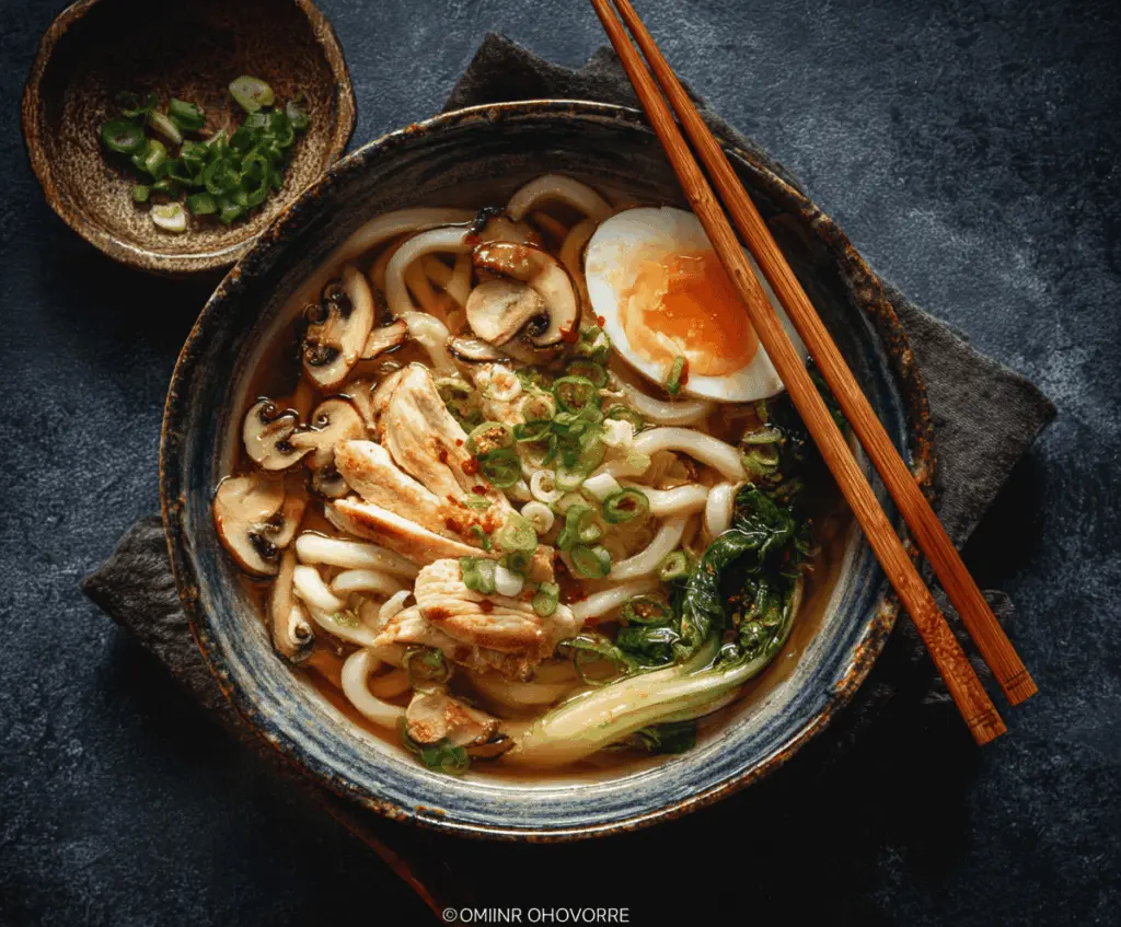 A steaming bowl of Chicken Udon Noodle Soup topped with sliced chicken, green onions, and soft boiled eggs in a flavorful broth.