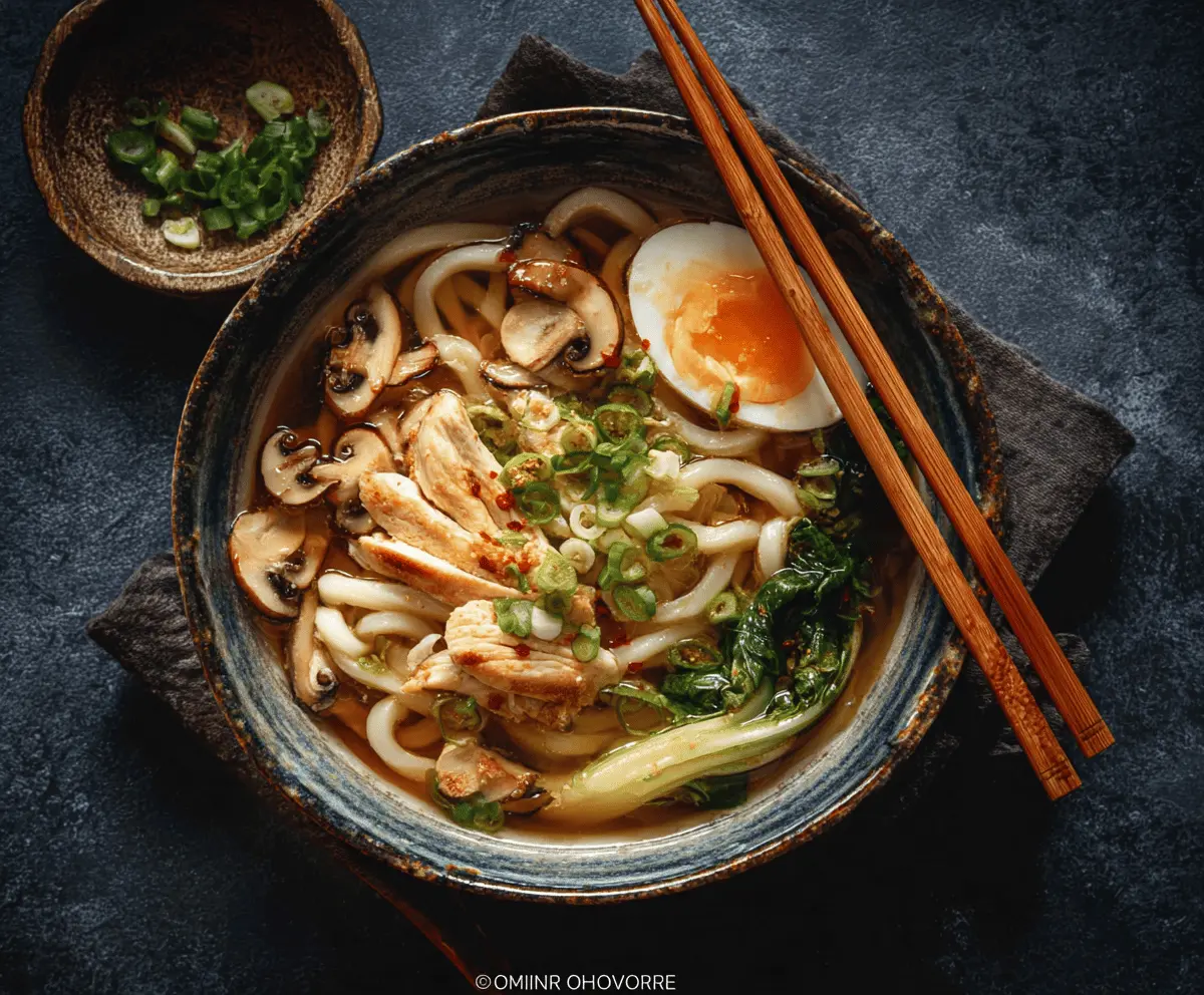 A steaming bowl of Chicken Udon Noodle Soup topped with sliced chicken, green onions, and soft boiled eggs in a flavorful broth.