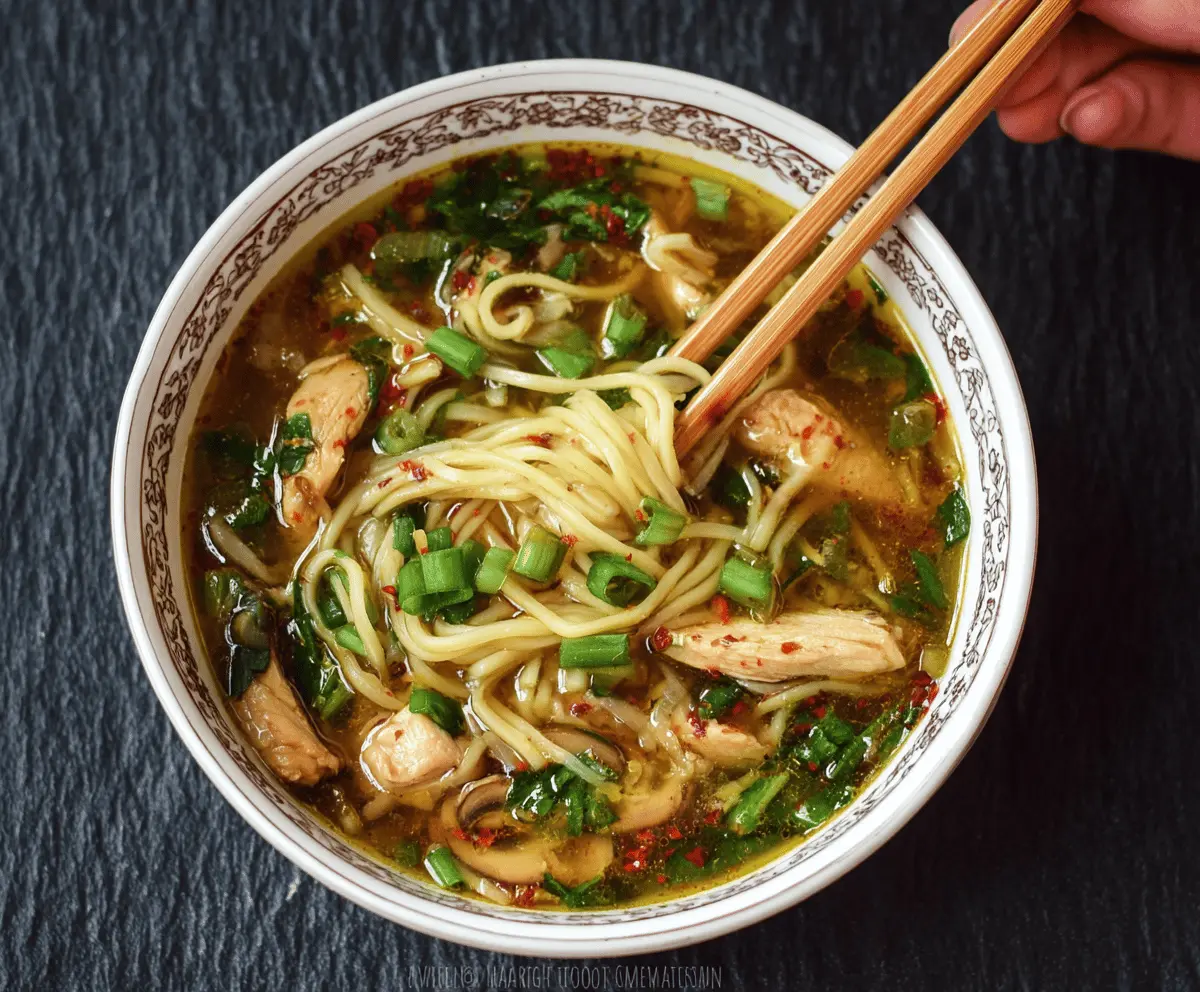 A steaming bowl of Chinese chicken noodle soup garnished with green onions and fresh herbs, featuring tender chicken, flavorful broth, and colorful vegetables.