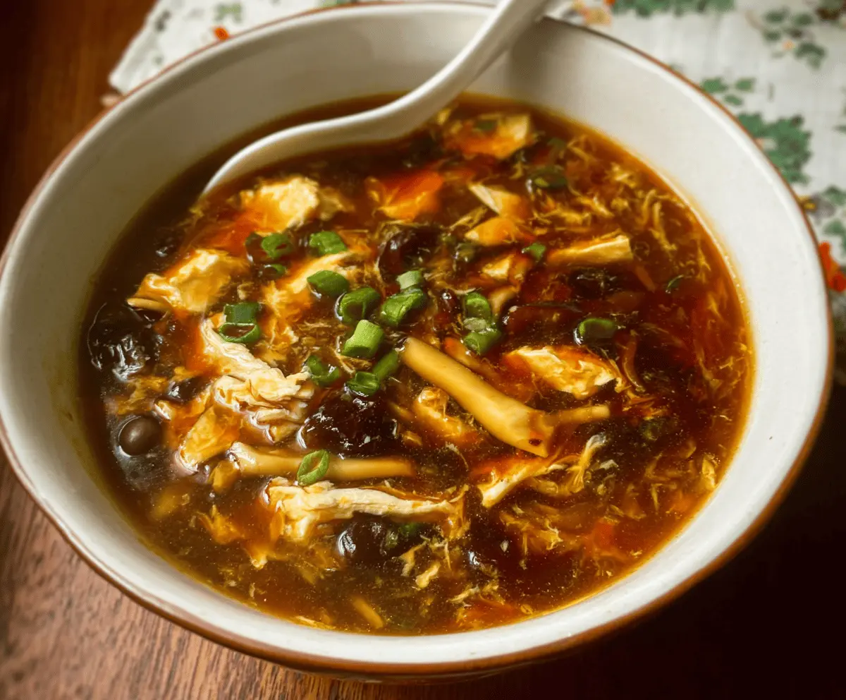 Delicious steaming bowl of Chinese Hot and Sour Soup with tofu, mushrooms, bamboo shoots, and green onions garnished with fresh herbs