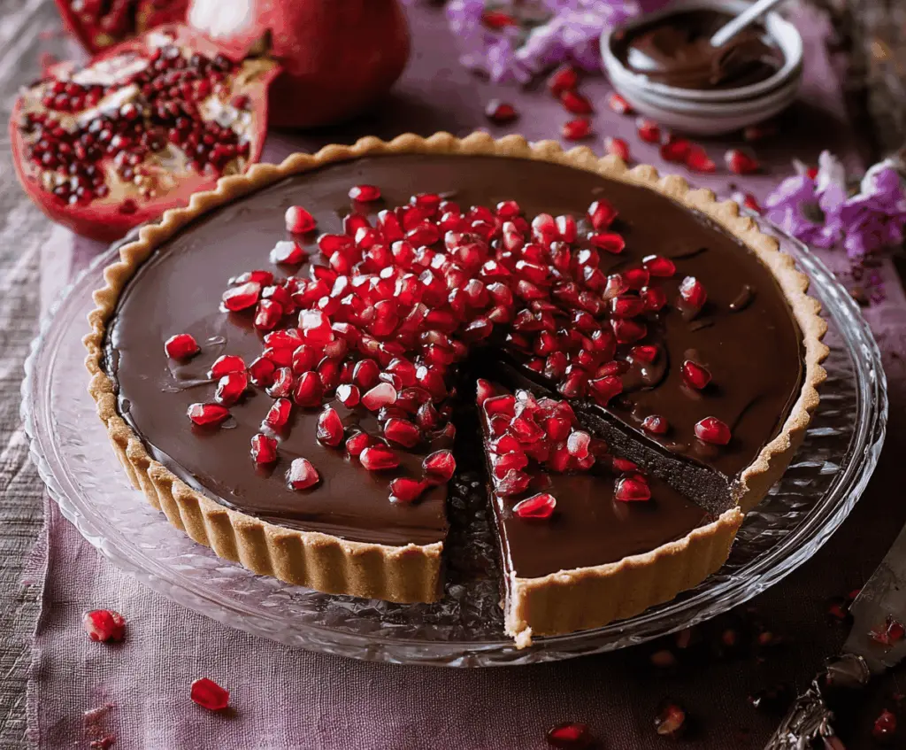 A delicious Chocolate Pomegranate Tart topped with fresh pomegranate seeds and rich chocolate ganache on a rustic wooden surface.