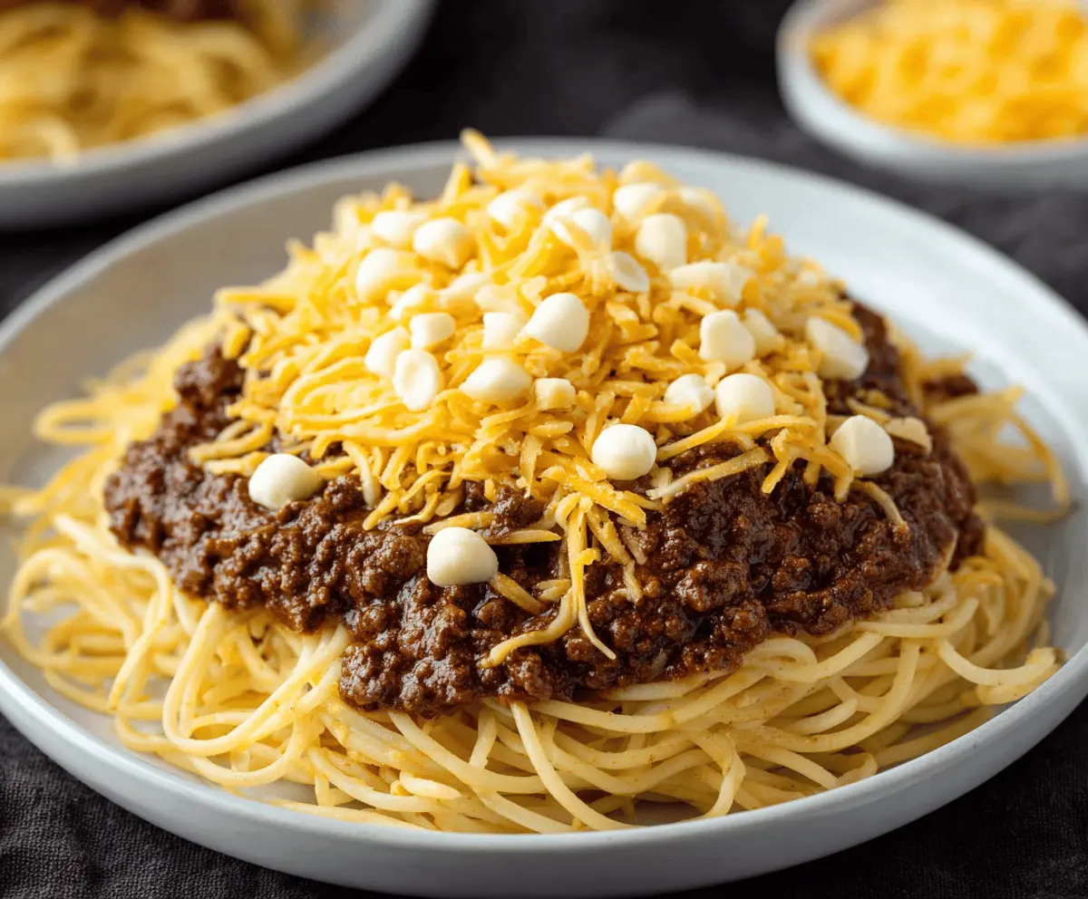 Delicious bowl of Cincinnati Chili topped with shredded cheese, onions, and beans, served in a classic chili bowl