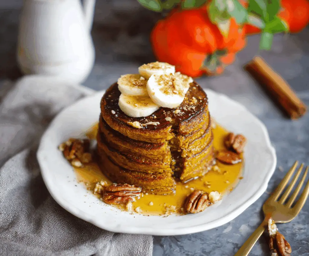 Delicious homemade coconut flour pumpkin pancakes topped with fresh maple syrup and cinnamon on a white plate