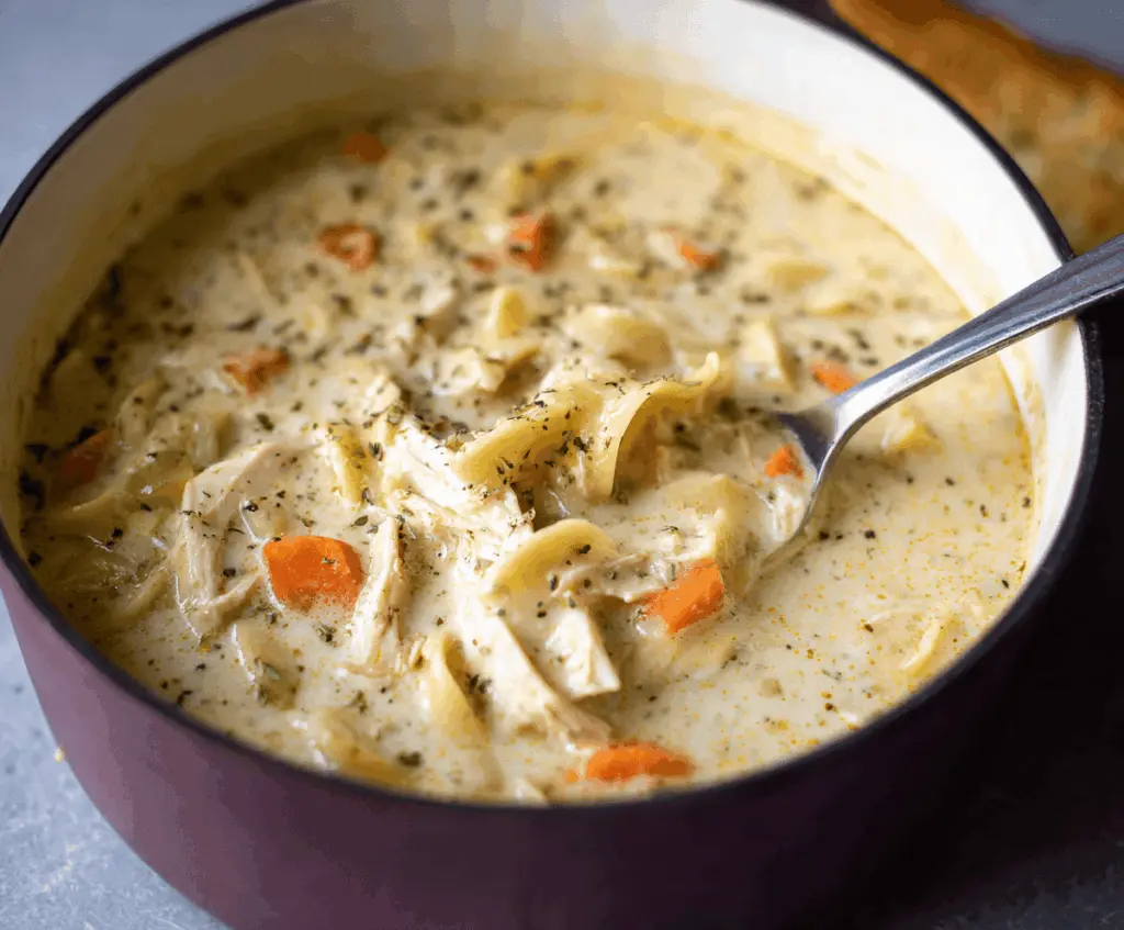 A bowl of creamy chicken noodle soup garnished with fresh herbs, featuring tender chicken, vegetables, and pasta in a rich, velvety broth.