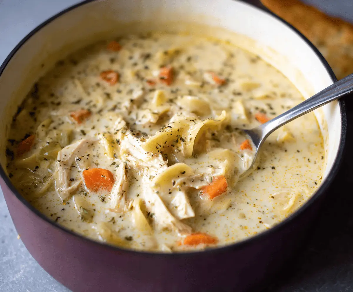 A bowl of creamy chicken noodle soup garnished with fresh herbs, featuring tender chicken, vegetables, and pasta in a rich, velvety broth.