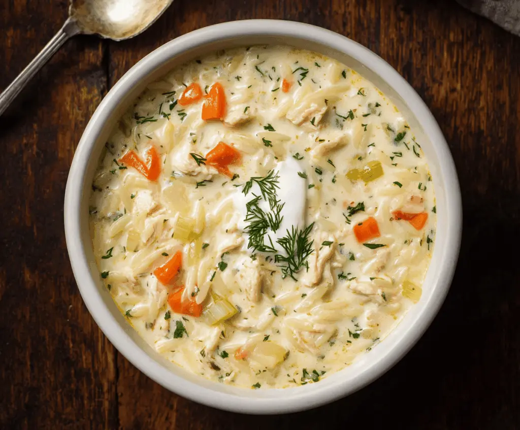 Creamy Chicken Orzo Soup in a bowl garnished with herbs and vegetables, served hot with a spoon ready to enjoy.