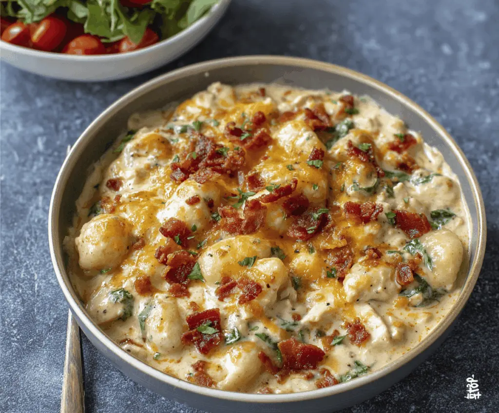 Creamy Crack Chicken Gnocchi dish with tender gnocchi, crispy bacon, melted cheese, and fresh herbs in a rich, savory sauce