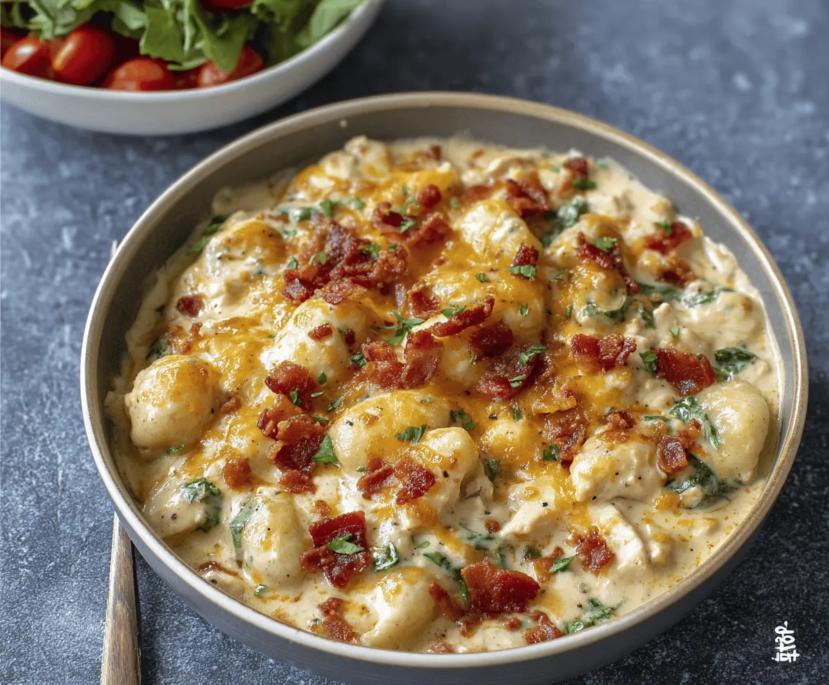 Creamy Crack Chicken Gnocchi dish with tender gnocchi, crispy bacon, melted cheese, and fresh herbs in a rich, savory sauce