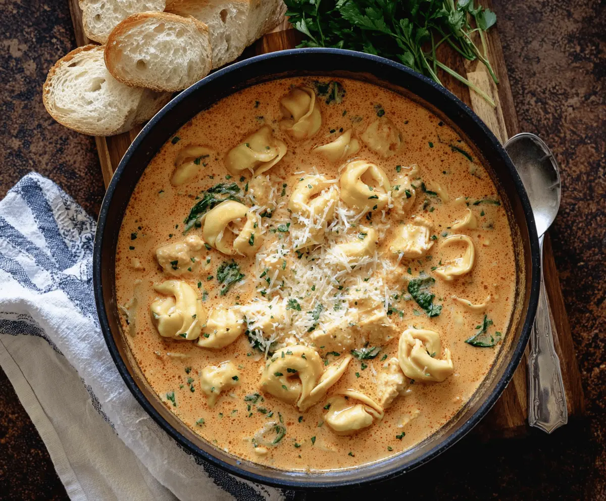 Creamy tortellini lasagna soup in a bowl topped with melted cheese, fresh herbs, and garnished with grated Parmesan for a flavorful, comforting Italian-inspired meal.