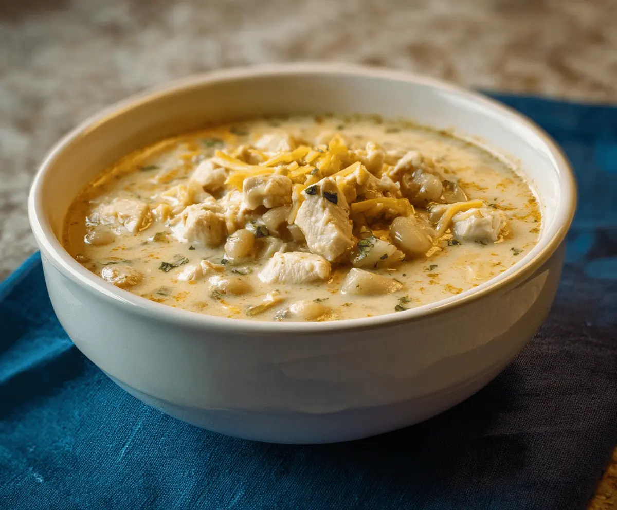 Creamy White Chicken Chili in a bowl topped with shredded cheese, cilantro, and lime wedge, served with tortilla chips