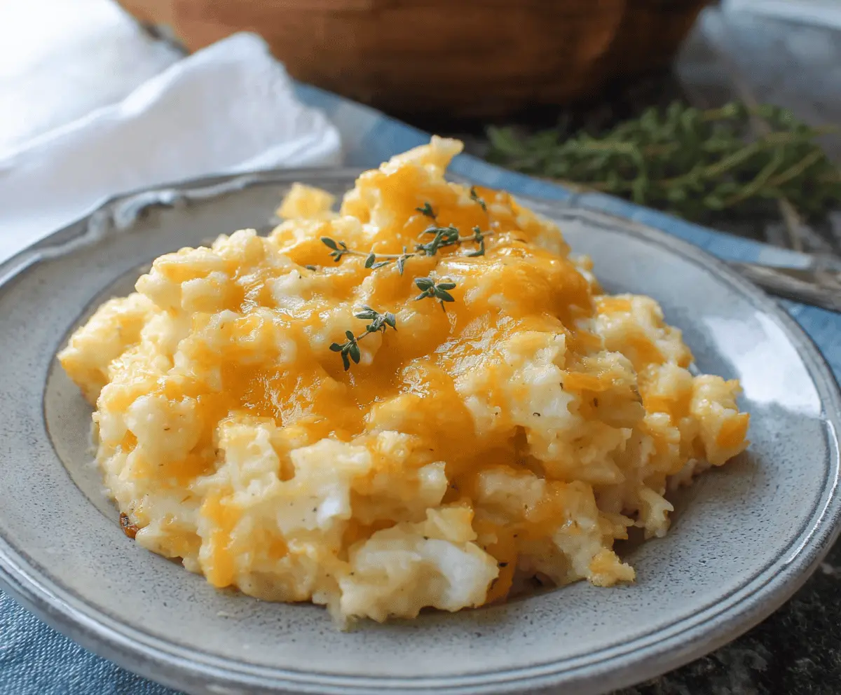 Creamy Crockpot Cheesy Potato Casserole topped with melted cheese and fresh herbs, perfect for easy family dinners and holiday gatherings.