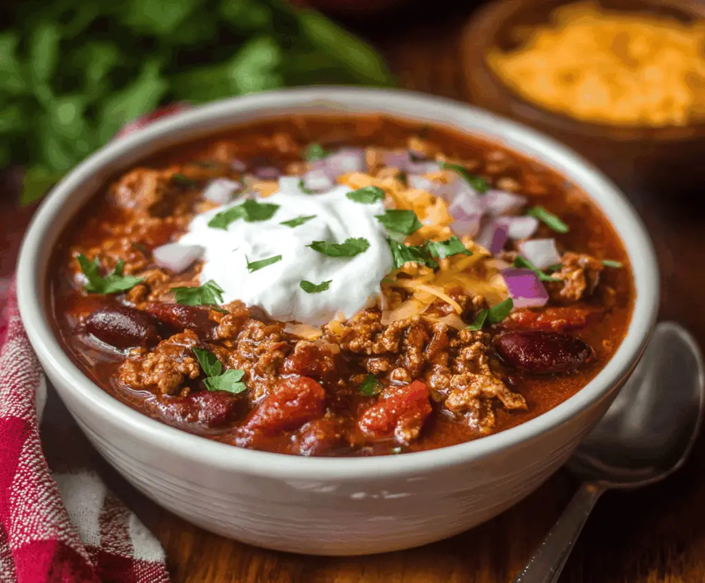 Hearty crockpot chili in a bowl topped with shredded cheese and fresh herbs, perfect for a comforting meal