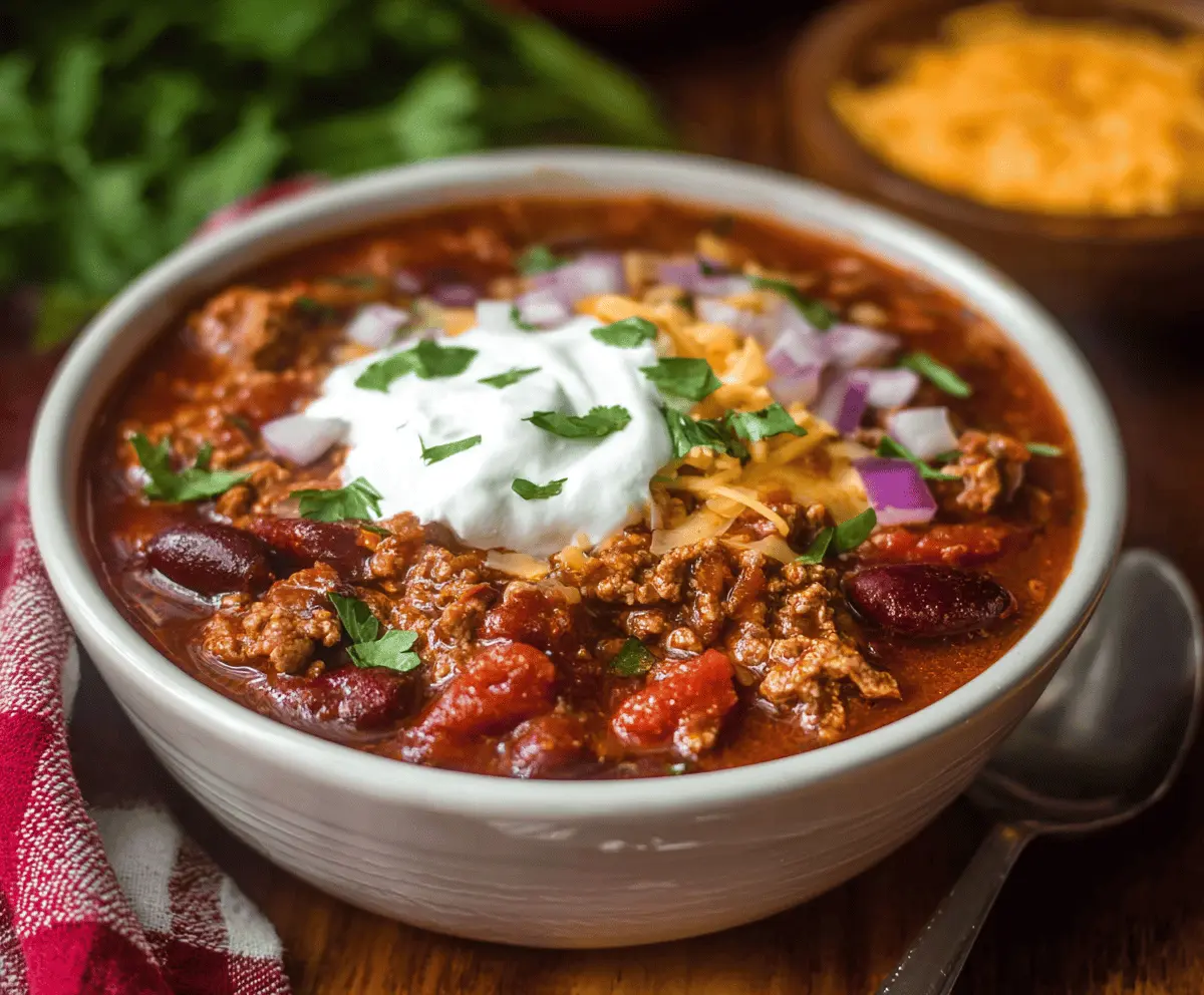 Hearty crockpot chili in a bowl topped with shredded cheese and fresh herbs, perfect for a comforting meal
