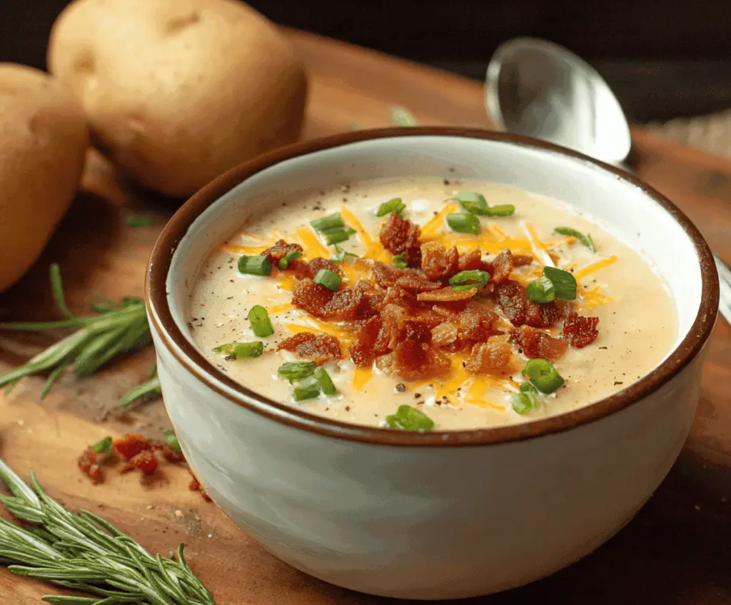 Creamy crockpot potato soup in a bowl garnished with chopped herbs and served with bread on a rustic wooden table.
