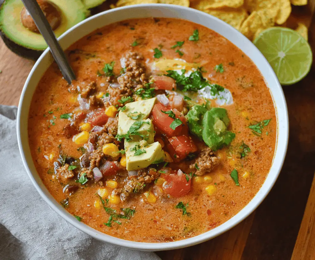 A delicious bowl of dairy-free taco soup topped with fresh cilantro, diced tomatoes, and sliced jalapenos, served with tortilla chips on the side.